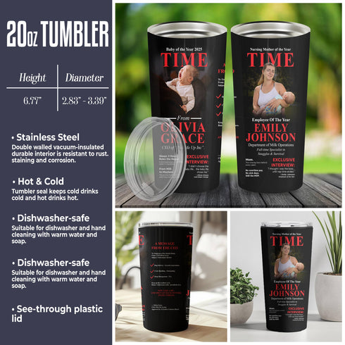 Personalized TIME Magazine Tumbler – Custom Baby & Mom Photo | 20oz Stainless Steel Gift
